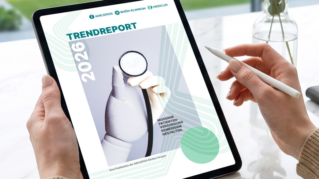 Darstellung des Asklepios-Trendreports 2026 auf einem Tablet